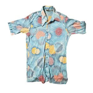 Vintage 70s Mens Mister Man Abstract Pattern Disco Acetate Nylon Button Down Shi